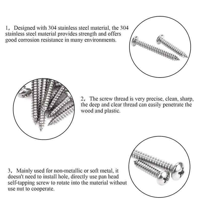 DYWISHKEY 310 Pieces #6#8#10#12 Stainless Steel 304 Phillips Pan Head Self-Tapping Screws, Wood Screws Assortment Kit - Image 5